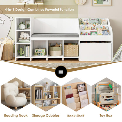 Kids Reading Nook & Bookshelf with Storage Bench - White