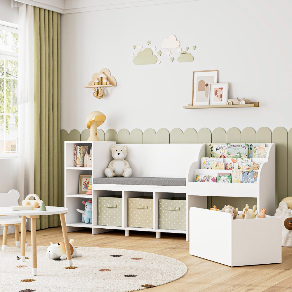 Kids Reading Nook & Bookshelf with Storage Bench - White