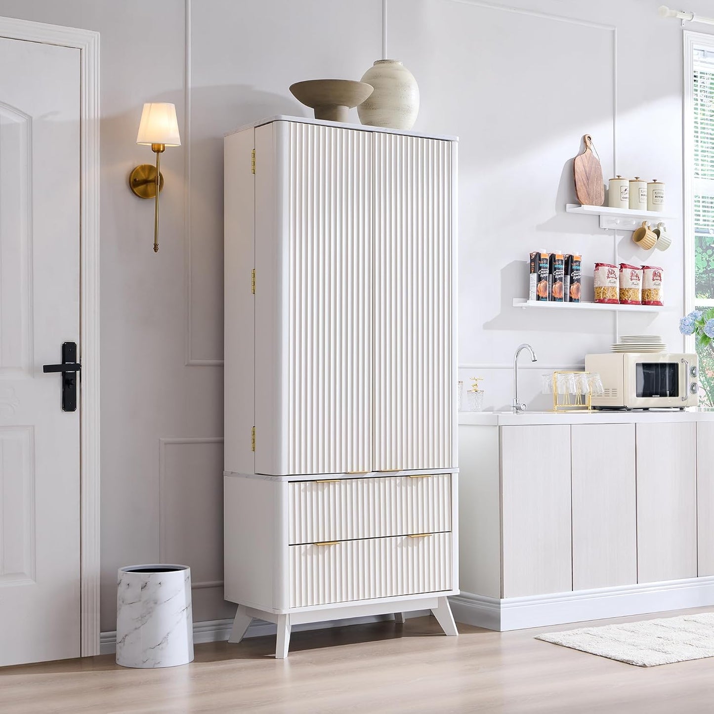 Fluted Kitchen Pantry Storage Cabinet with 10 Door Shelves & 2 Drawers