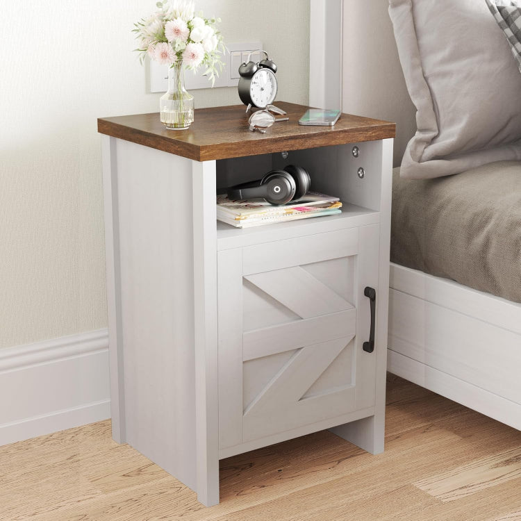 Set of 2 Wooden Nightstands with Barn Door & Open Shelf
