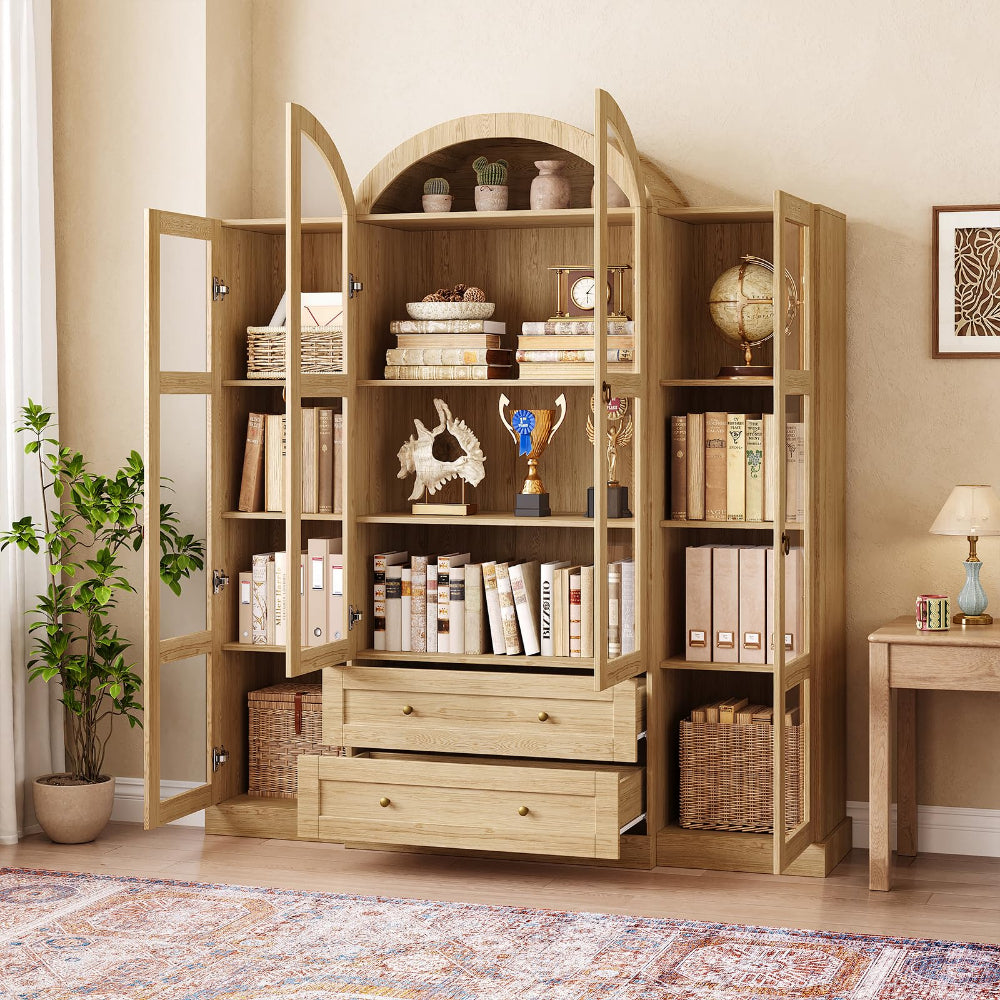 Arched Kitchen Pantry Cabinet 72.4" with Glass Doors & Drawers