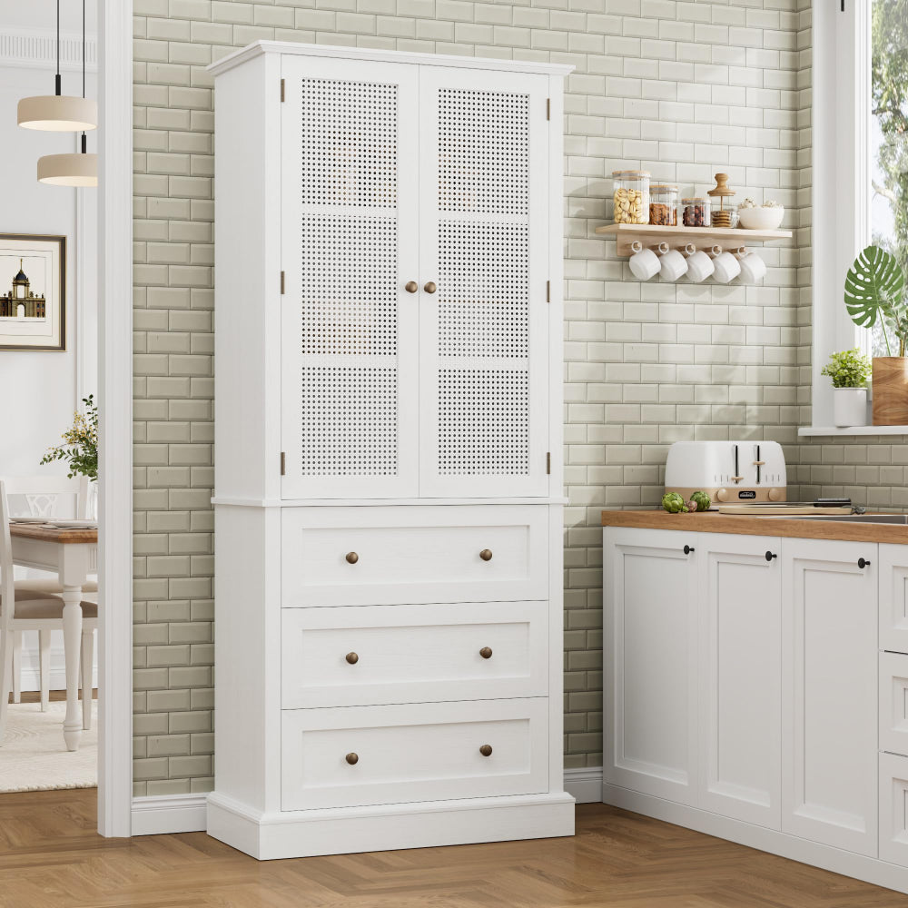 73" Tall Pantry Cabinet, Rustic Wood, Adjustable Shelf, White