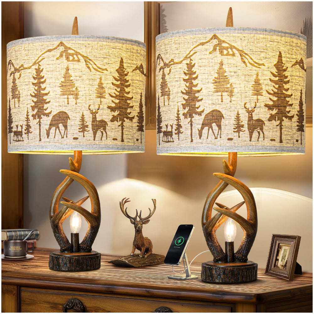 Farmhouse Deer Antler Lamps Set of 2 with USB & Nightlight