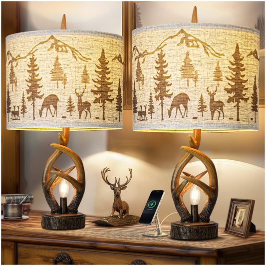 Farmhouse Deer Antler Lamps Set of 2 with USB & Nightlight