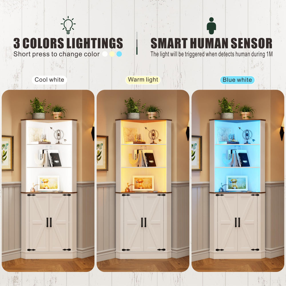 Farmhouse Corner Cabinet with LED Light - 67" Tall, White