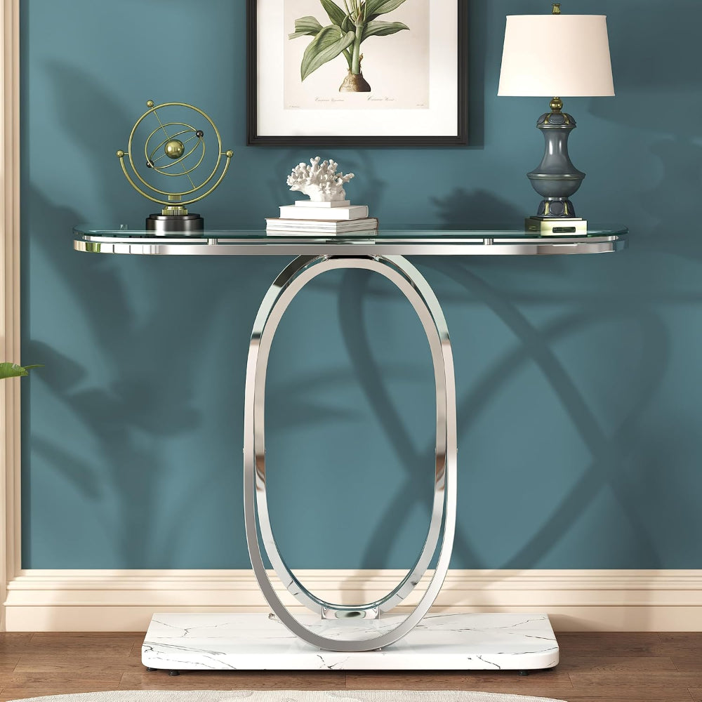 Glass Console Table with Metal Frame & Marble Base