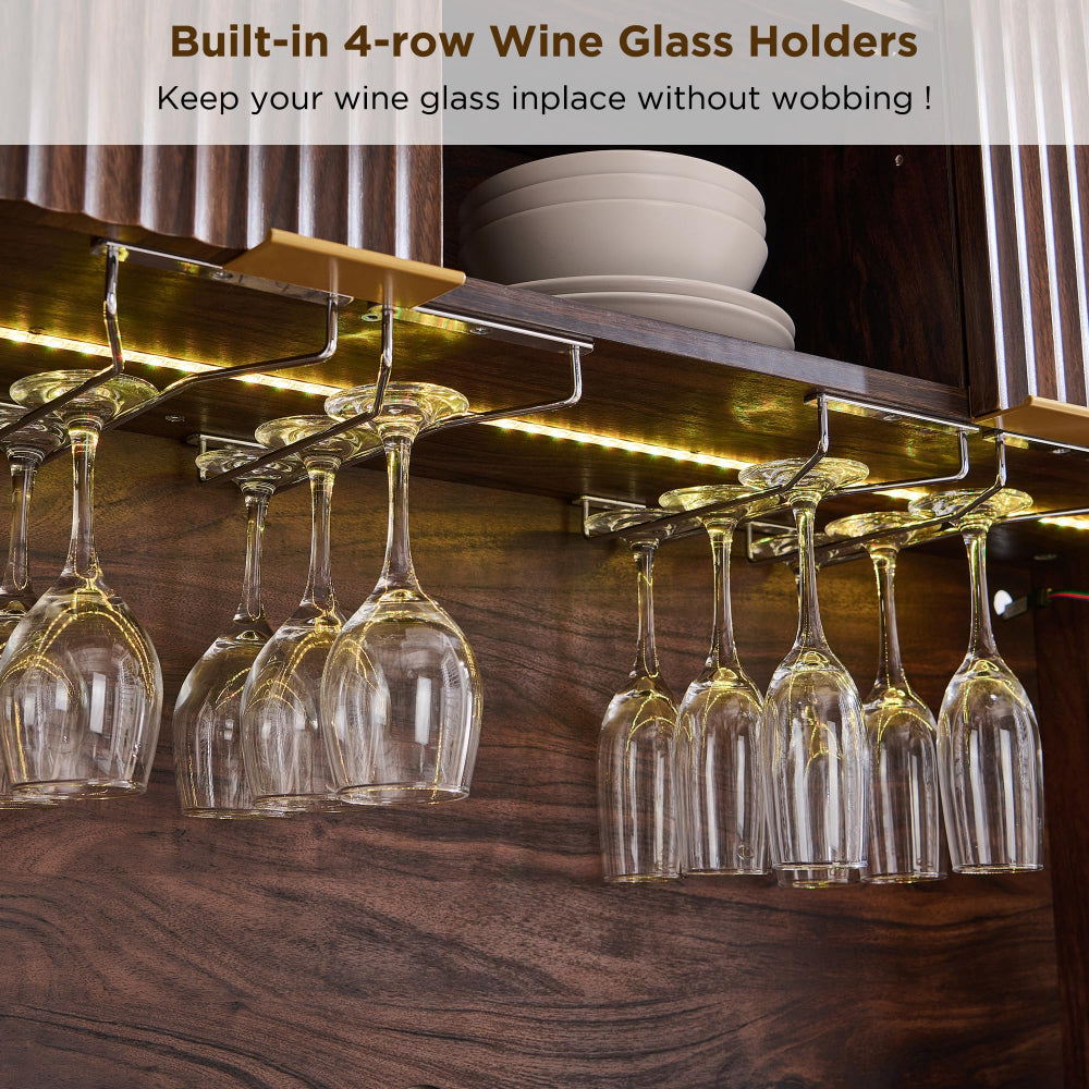Wine Bar Cabinet with LED & Storage Hutch - Dark Walnut