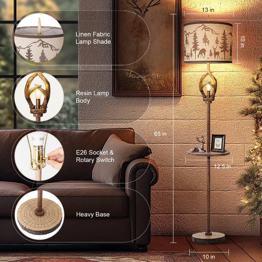 Rustic Antlers Floor Lamp with Tray & Night Light - Farmhouse Style