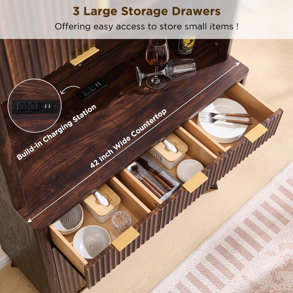 Wine Bar Cabinet with LED & Storage Hutch - Dark Walnut