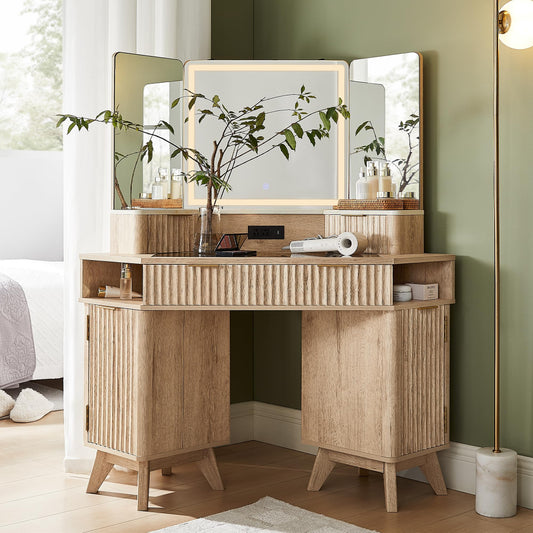 48" Corner Vanity Table w/ Mirror, Lights & Charging Station
