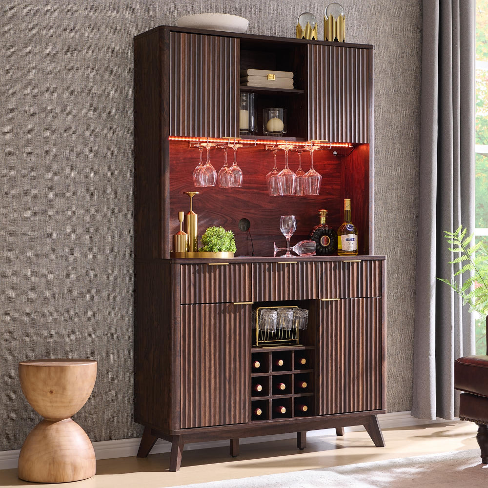 Wine Bar Cabinet with LED & Storage Hutch - Dark Walnut