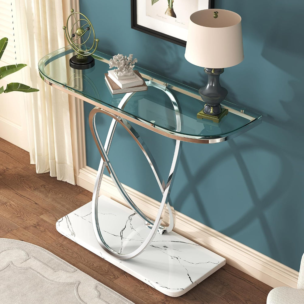 Glass Console Table with Metal Frame & Marble Base