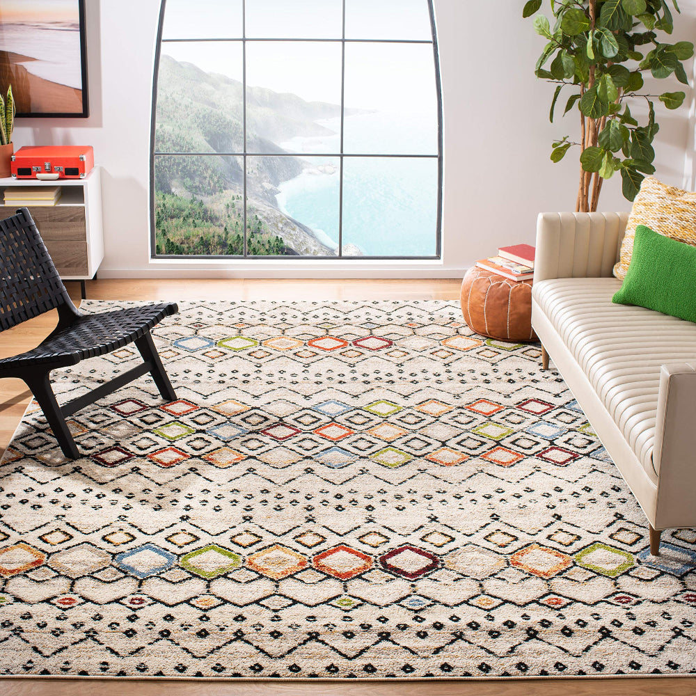 Moroccan Boho Area Rug 9x12 - Ivory Multi, Non-Shedding