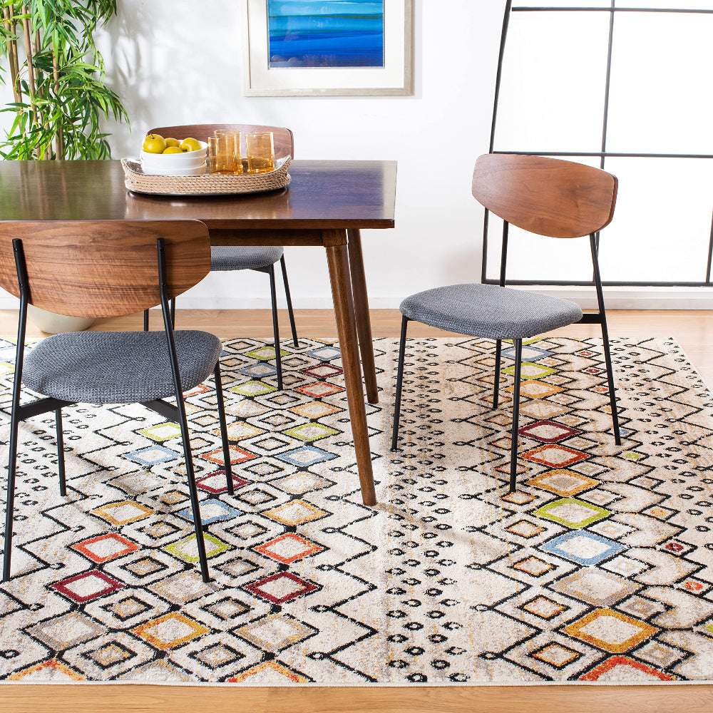 Moroccan Boho Area Rug 9x12 - Ivory Multi, Non-Shedding