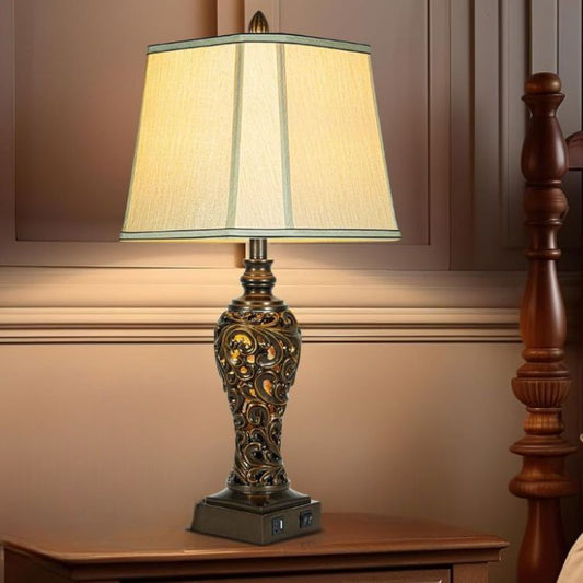 Nightstand Bedside Table Lamps with USB & Silk Shades (Set of 2)