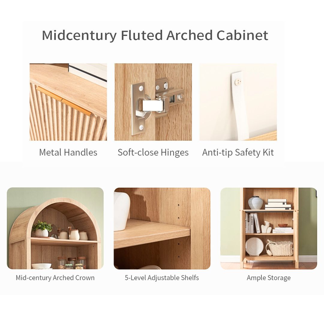 Open Shelf Arched Display Storage Cabinet with Fluted Doors