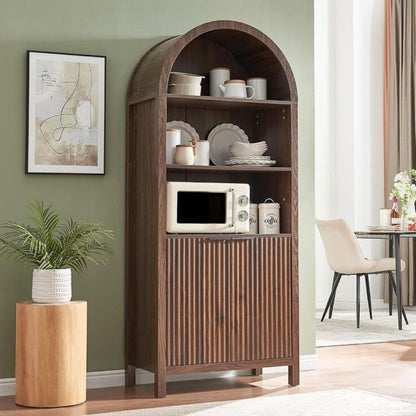 Open Shelf Arched Display Storage Cabinet with Fluted Doors