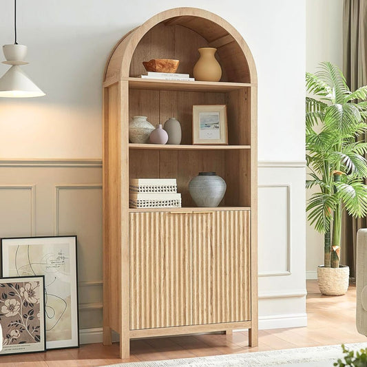 Open Shelf Arched Display Storage Cabinet with Fluted Doors