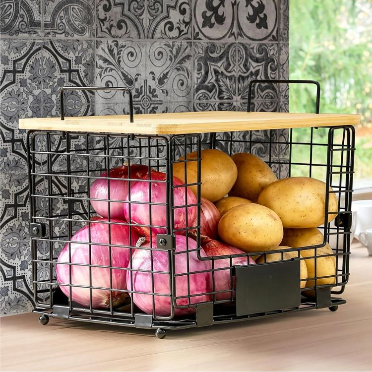 Set of 2 Kitchen Pantry Organizer Stackable Wire Basket with Bamboo Top