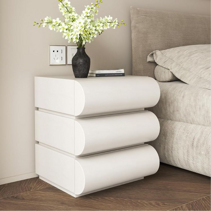 Leather Wrapped Nightstand with 3 Wooden Drawers & Curved Designed