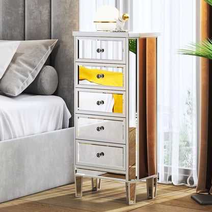 Small 5-Drawer Mirrored Dresser with Crystal Knob & Solid Wooden Legs