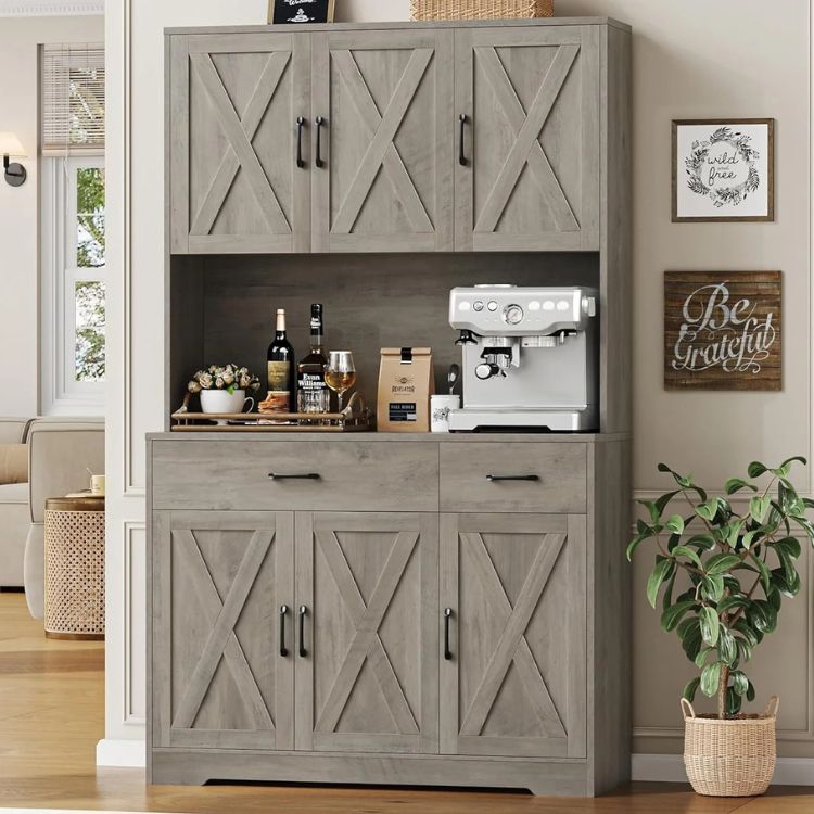 Kitchen Pantry Storage Cabinet with Barn Doors & Hutch Storage Drawers