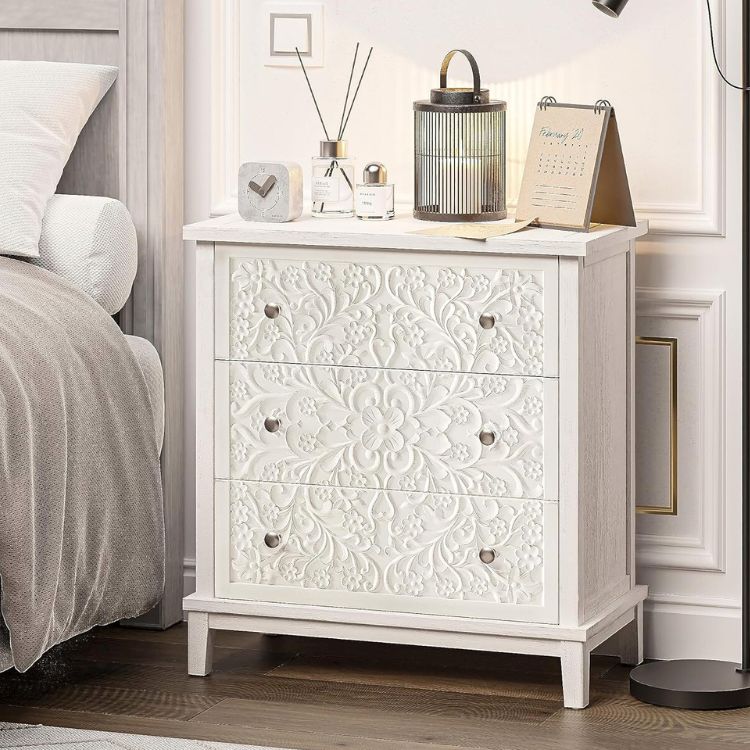 Set of 2 Flower Motif 3-Drawer Nightstands with Distressed White Wash Finish