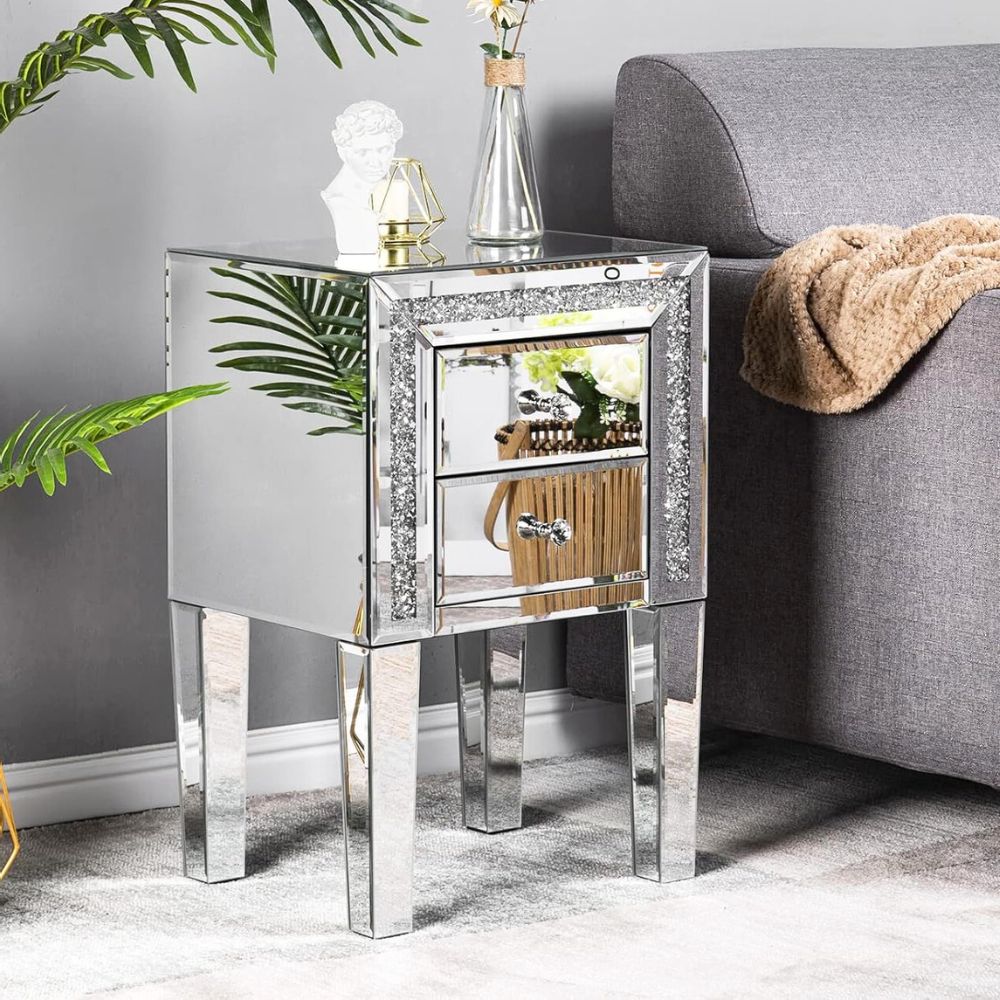 Set of 2 Mirrored Nightstands with 2 Drawers & Solid Wooden Legs