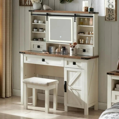 Farmhouse Vanity Desk with Mirror & Lights, 42'' Glass Top