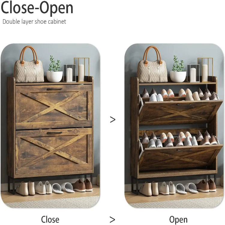 Shoe Rack Storage Cabinet Wooden Rustic Organizer with 2 Flip Drawers & Metal Legs