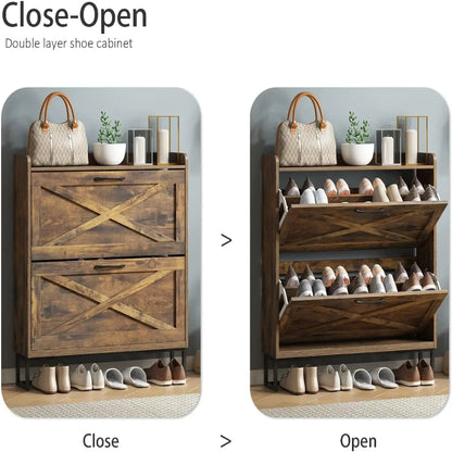 Shoe Rack Storage Cabinet Wooden Rustic Organizer with 2 Flip Drawers & Metal Legs