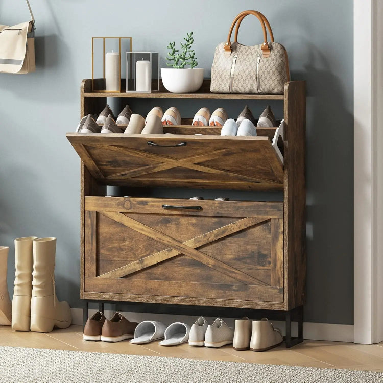 Shoe Rack Storage Cabinet Wooden Rustic Organizer with 2 Flip Drawers & Metal Legs