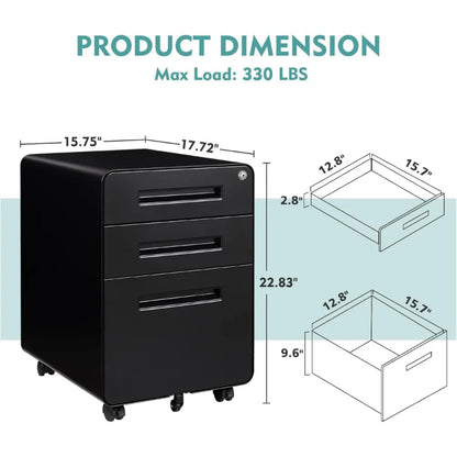 Mobile 3-Drawer Filing Cabinet with Keys 