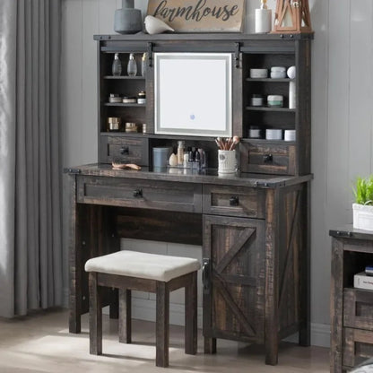 Farmhouse Vanity Desk with Mirror & Lights, 42'' Glass Top