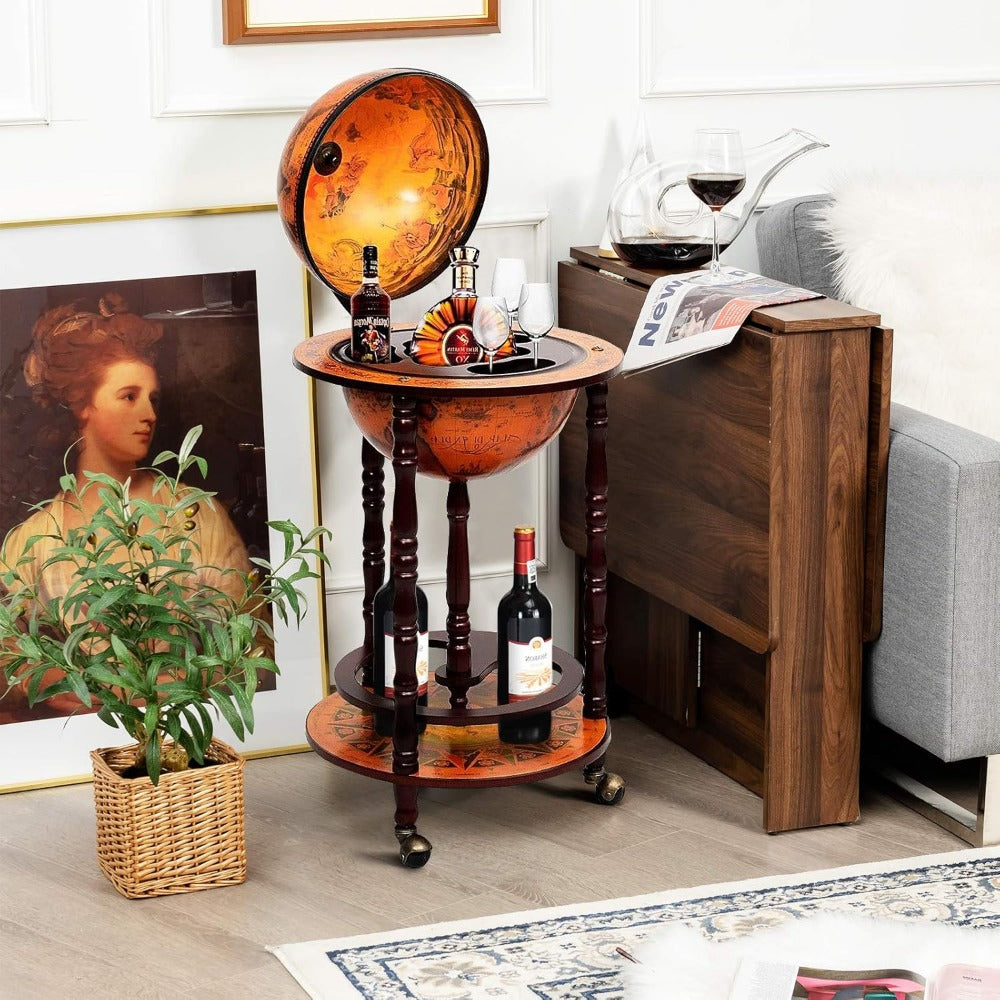 Globe Bar Liquor Cabinet - 17.5” Old World Map Wine Cart