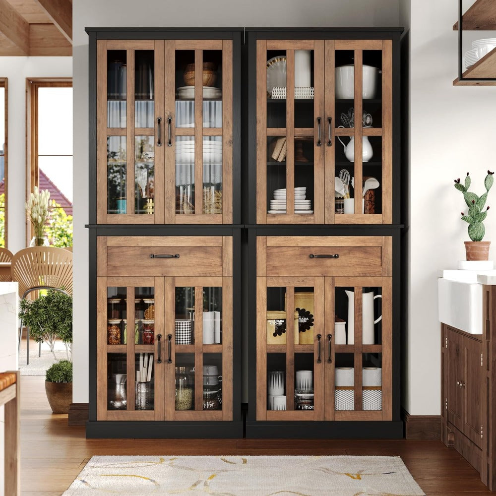 71'' Kitchen Pantry Cabinet with Glass Doors & Drawer