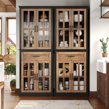 71'' Kitchen Pantry Cabinet with Glass Doors & Drawer