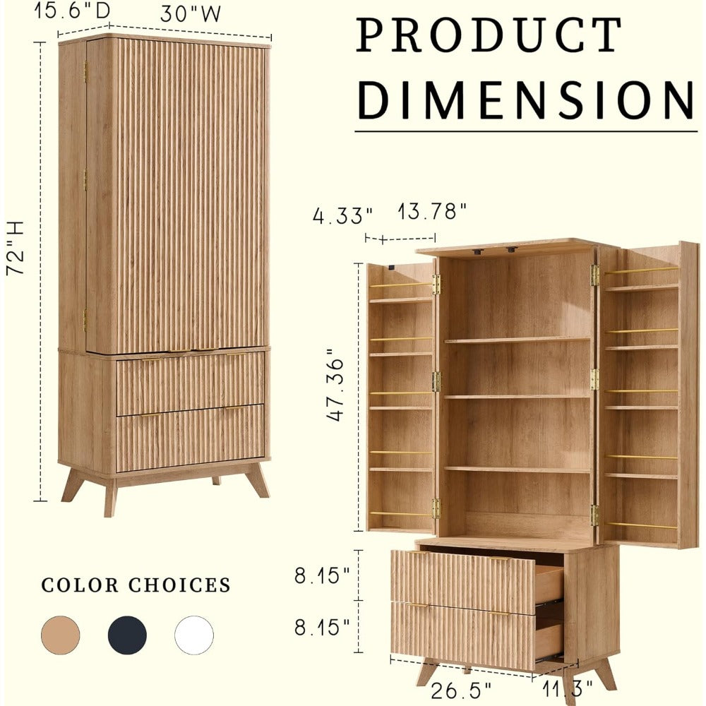 Elegant Fluted Kitchen Hutch - 72" Tall Storage Cabinet