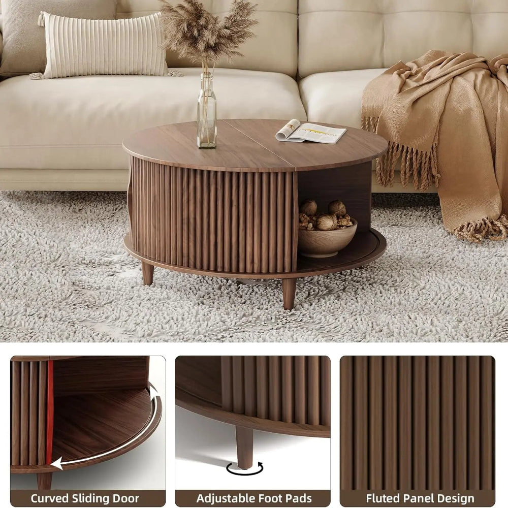 Round Coffee Table with Storage - Mid Century Modern Design