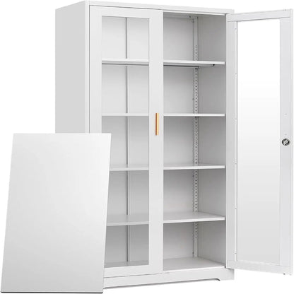 Lockable Glass Display Cabinet - White Metal Curio Storage