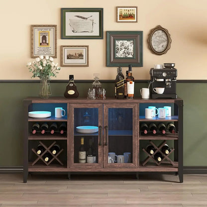 Farmhouse Wine Bar Cabinet with LED Lights & Storage, 58in