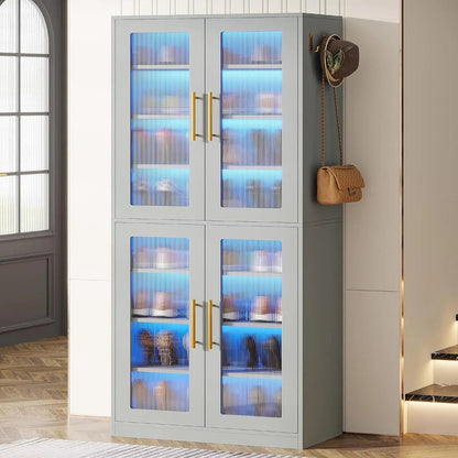 LED Shoe Storage Cabinet, 8-Tier with Acrylic Doors & Shelves