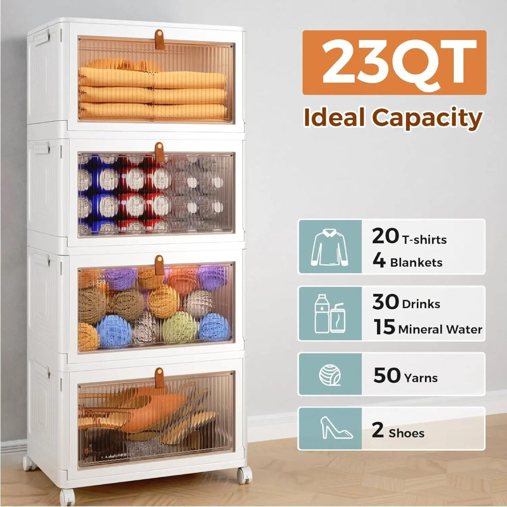 Stackable Plastic Storage Bins - 4 Tier, 23 QT with Wheels