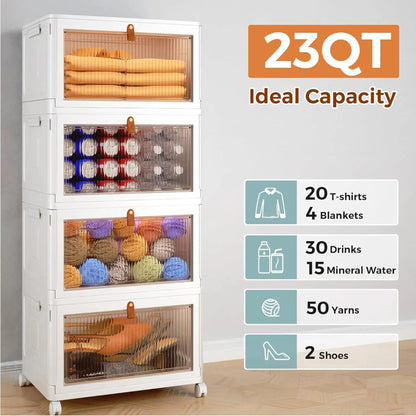 Stackable Plastic Storage Bins - 4 Tier, 23 QT with Wheels