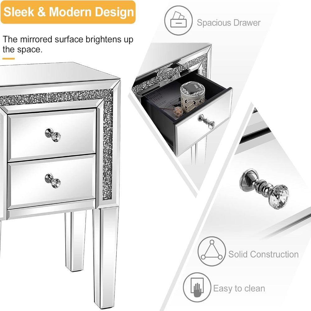 Silver Glass Mirrored Nightstands - Set of 2 with Storage