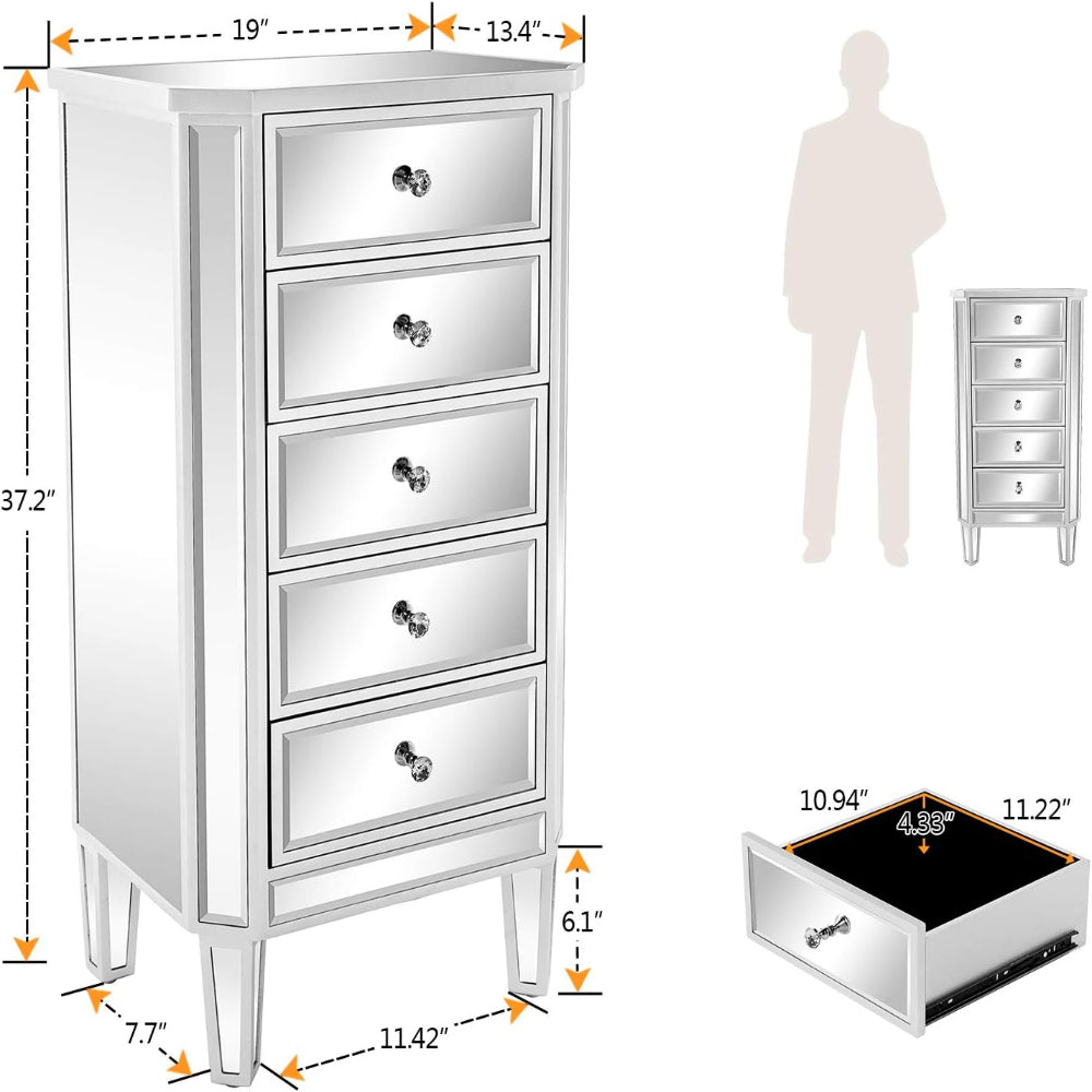 Mirrored Dresser 5 Drawers - Modern Glass Chest for Bedroom