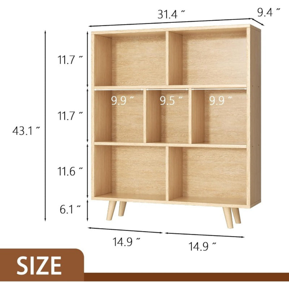 Wooden 7 Cube Bookshelf - Modern 3 Tier Open Storage Organizer
