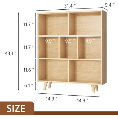 Wooden 7 Cube Bookshelf - Modern 3 Tier Open Storage Organizer