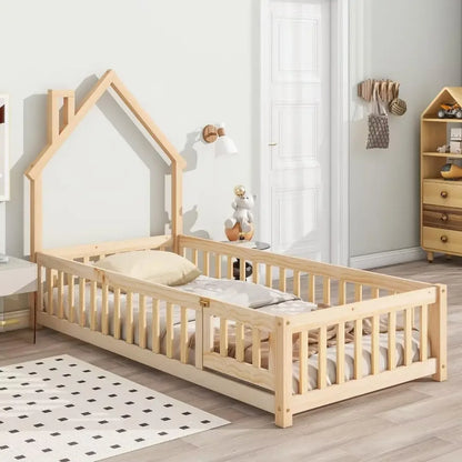 Twin Floor Bed with Guardrails & Door, Montessori Style