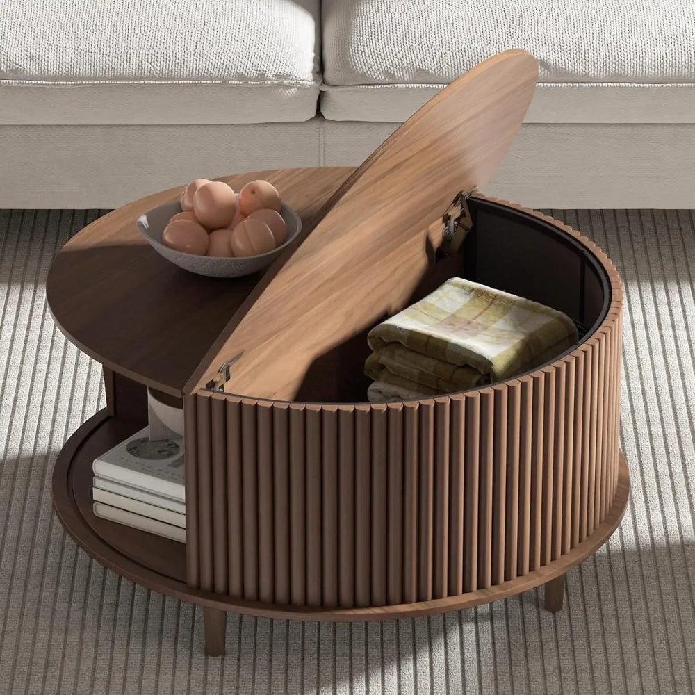 Round Coffee Table with Storage - Mid Century Modern Design